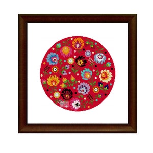 Folk Meadow (Red Version)(2999) cross stitch chart, PDF pattern, Polish folk art, Polish folklore, Flowers of Poland, rustic, folky, bo-ho