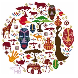 Puede incluir: Un diseño circular colorido con elementos de inspiración africana, incluyendo siluetas de animales, máscaras y patrones geométricos. El diseño está sobre un fondo blanco.