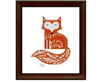 Scandinavian Art Fox (1284) cross stitch chart digital pdf pattern Scandi folk art Nordic Scandinavian foxes forest animals woods