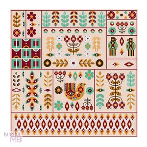 Folk Art Dream Sampler cross stitch chart pdf pattern digital instant download Scandinavian Folklore Forest Friends Woods Animals folk art