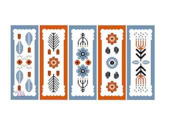 May include: Five colorful bookmarks with geometric patterns in shades of blue, orange, black, and white. The bookmarks have a scalloped edge.