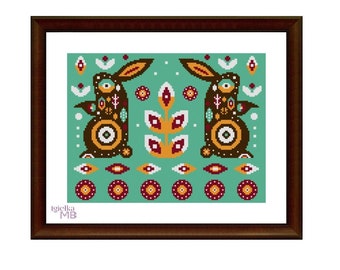 Folk Art Forest Friends:Hares (2281)cross stitch chart pdf instant download Scandinavian Nordic folk art forest friends forest animals woods