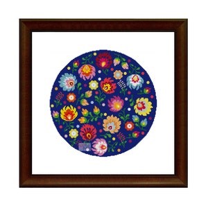 Folk Meadow (Blue Version)(2998) cross stitch chart, PDF pattern, Polish folk art, Polish folklore, Flowers of Poland, rustic, folky, bo-ho