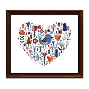 Scandinavian heart with bird 1. (3011) cross stitch chart digital PDF pattern, Nordic, Scandinavian folk art, nature, birds, floowers