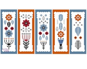 May include: Five colorful bookmark designs with a folk art style featuring stylized flowers, leaves, and geometric patterns in shades of blue, red, orange, and black.