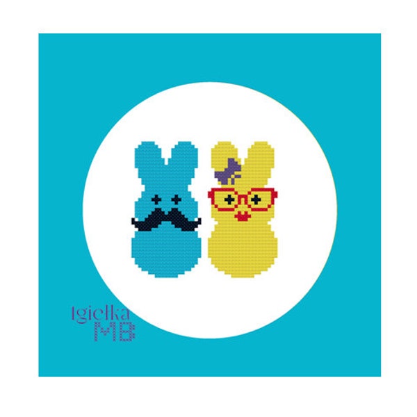 Hipster easter peeps (2020) springtime cross stitch pattern Easter cross stitch chart Easter bunnies Easter peeps instant download