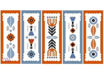 Bookmarks in scandinavian style 2.(3001) 5 Scandinavian Style Cross Stitch Bookmarks, cross stitch chart, digital PDF pattern, Nordic, Folk,