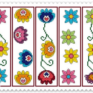 5 Floral Bookmarks cross stitch chart pdf pattern Polish folk art, Polish flowers