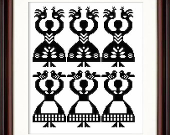 Womenfolk with Birds Cross Stitch Pattern, Polish Folk Art (Digital Download)