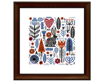 Scandinavian Forest with a Hare (3031) cross stitch chart digital pdf pattern Scandinavian folk art Nordic folk art forest nature
