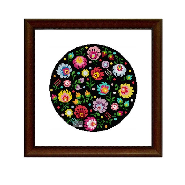 Folk Meadow (Black Version)(2996) cross stitch chart, PDF pattern, Polish folk art, Polish folklore, Flowers of Poland, rustic, folky, bo-ho