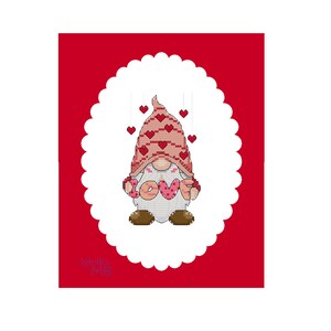 Valentine Gnome (944) kruissteekkaart digitaal pdf-patroon kabouter valentijnsharten kaarten