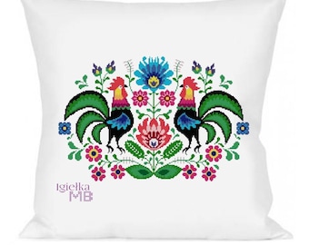 Folk roosters (2096) digital cross stitch chart instant download Polish Folk Art lowickie, polish folk, flowers, roosters