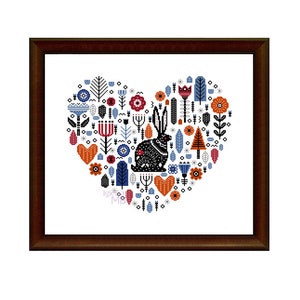 Scandinavian Folk Art Heart with Hare (3009), cross stitch pattern, digital pdf chart, Scandinavian, Nordic, Folk art, modern