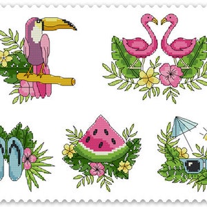May include: Five colorful summer-themed illustrations featuring a toucan, two flamingos, a watermelon, flip-flops, and sunglasses with a beach umbrella and sun.