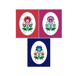 Può includere: Tre disegni floreali in cornici ovali. Lo sfondo in alto a sinistra è rosso, in alto a destra magenta e in basso blu navy. Ogni disegno presenta un fiore stilizzato con foglie e steli verdi.