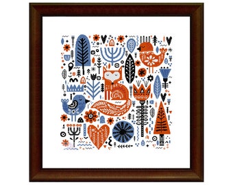 Scandinavian Forest with fox (1280) cross stitch chart digital pdf pattern retro Scandinavian style woods forest friends Nordic home