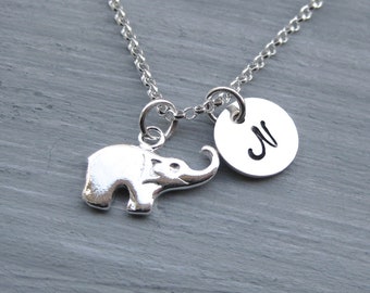 Sterling Silver Elephant Necklace Initial Necklace Hand Stamped Personalized Jewelry Teen Jewelry Elephant Jewelry Elephant Charm
