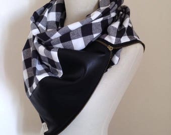 Black and White Plaid Zipper Scarf with Faux Leather