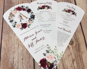 Zeremonie-Reiseplan, Hochzeitsmonogramm-Programm-Fans, Blütenblattfächer-Programme, Blumen-Aquarell in Burgund und Marine, Hochzeitswegkarten