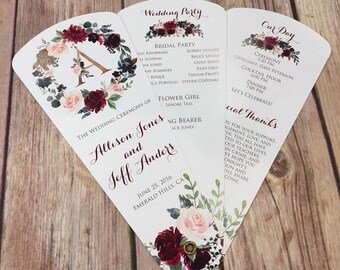 Wedding Monogram Program Fans, Petal Fan Programs, Burgundy & Navy Floral Watercolor, Wedding Itinerary Cards