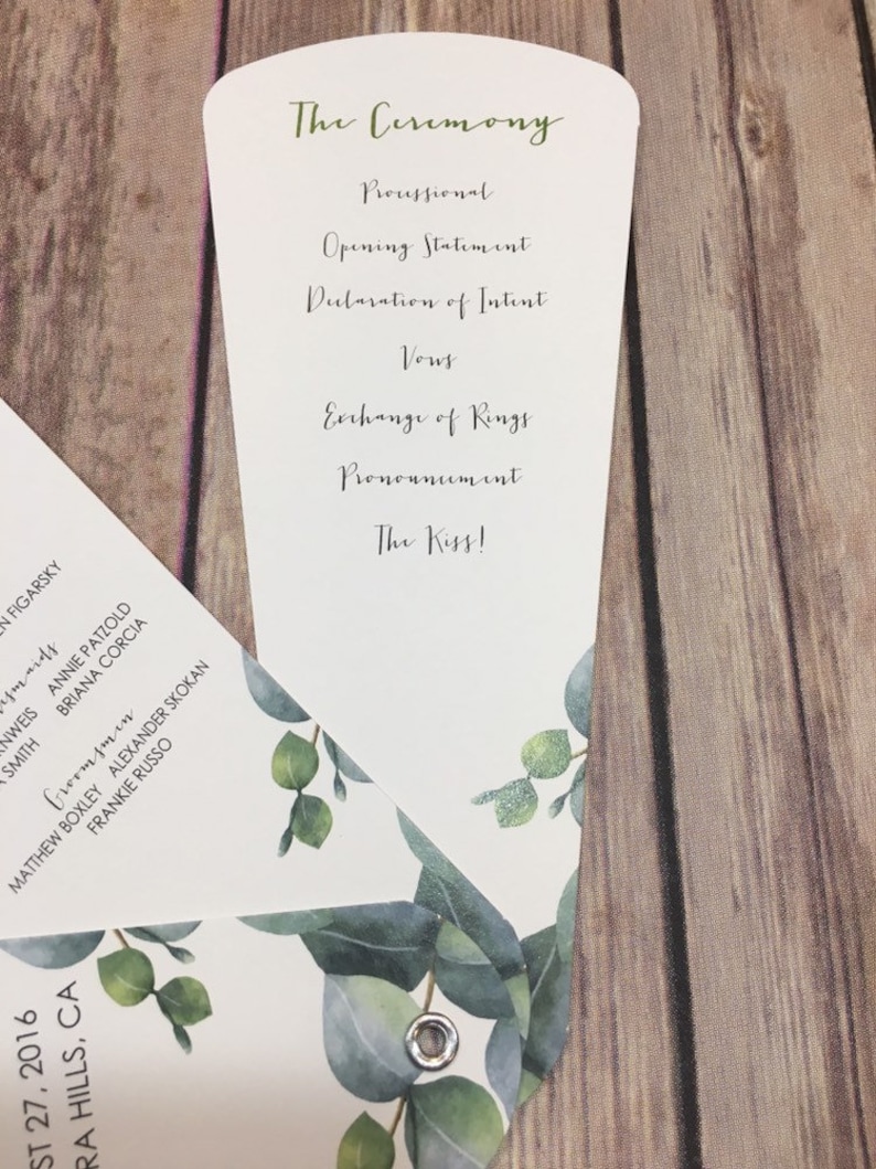 Minimalist Eucalyptus Petal Fan Programs, Custom Program Fans, Greenery Wedding Itinerary, Elegant Wedding Program image 4