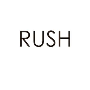 May include: Black and white text logo that reads "RUSH"