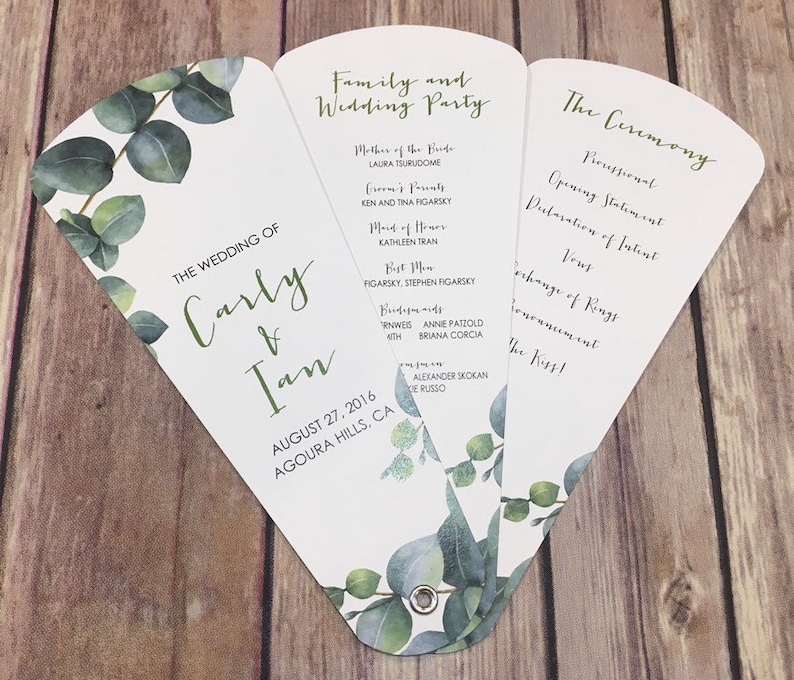 Minimalist Eucalyptus Petal Fan Programs, Custom Program Fans, Greenery Wedding Itinerary, Elegant Wedding Program image 1