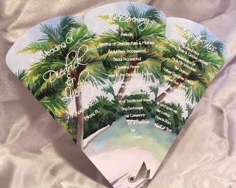 Tropical Paradise Wedding Program Fans, Custom Petal Fan Programs, Beach / Destination Wedding Ceremony Cards