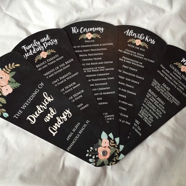 Chalkboard Wedding Program Fans, Farmhouse Wedding, Shabby Chic Petal Fan Programs, Rustic Fan Programs - Rustic Chalkboard Floral