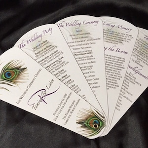 Könnte beinhalten: Ein Satz Hochzeitszeremonie-Programme mit einem Pfauenfeder-Design. Die Programme enthalten Details zur Hochzeitsgesellschaft, zur Zeremonie und zum Empfang. Die Programme sind auf weißem Papier mit violetten und grünen Akzenten gedruckt.