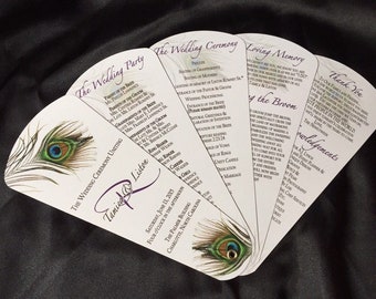 Ceremony Itinerary, Exotic Peacock Wedding Program Fans, Custom Petal Fan Programs, Unique Wedding Decor, Outdoor Wedding Fans
