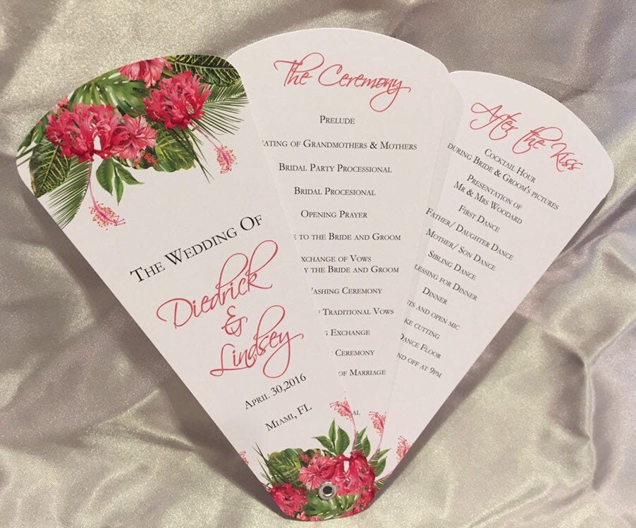 Ceremony Itinerary, Tropical Wedding Program Fans, Exotic Petal Fan Programs, Destination Wedding Fan Programs, Custom Wedding Cards