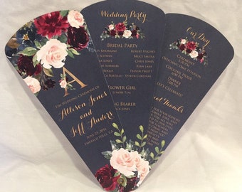 Ceremony Itinerary, Navy Wedding Program Fans, Dark Florals Petal Fan Programs, Custom Itinerary, Burgundy Watercolor