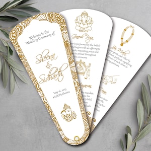 May include: Three white wedding ceremony fan cards with gold decorative borders and text. The fans include the names Sheena & Sidharth, the date May 16, 2025, and illustrations of religious symbols and text describing wedding rituals.