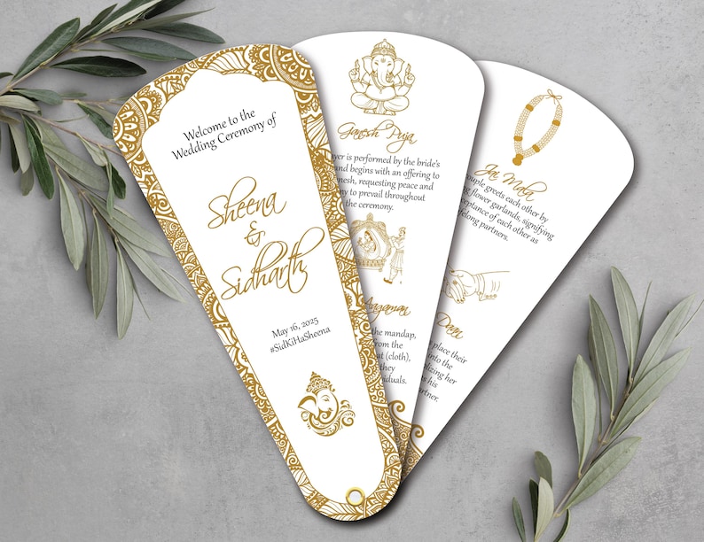 May include: Three white wedding ceremony fan cards with gold decorative borders and text. The fans include the names Sheena & Sidharth, the date May 16, 2025, and illustrations of religious symbols and text describing wedding rituals.