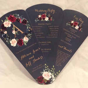 Navy Monogram Wedding Program Fans, Custom Petal Fan Programs, Floral Burgundy Watercolor, Navy Ceremony Programs