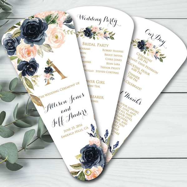 Navy & Blush Wedding Itinerary Fans, Custom Petal Fan Programs, Floral Watercolor Program, Bohemian Wedding