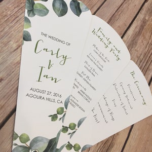 Minimalist Eucalyptus Petal Fan Programs, Custom Program Fans, Greenery Wedding Itinerary, Elegant Wedding Program image 2