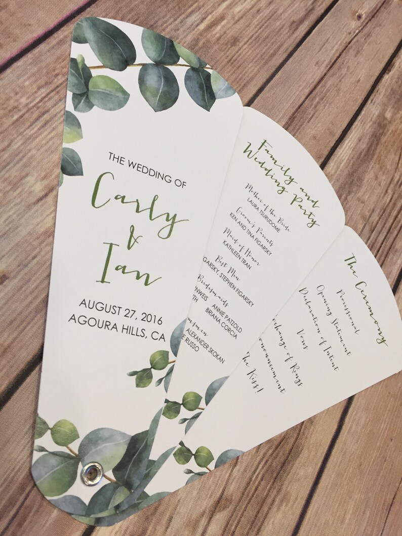 Minimalist Eucalyptus Petal Fan Programs, Custom Program Fans, Greenery Wedding Itinerary, Elegant Wedding Program image 2