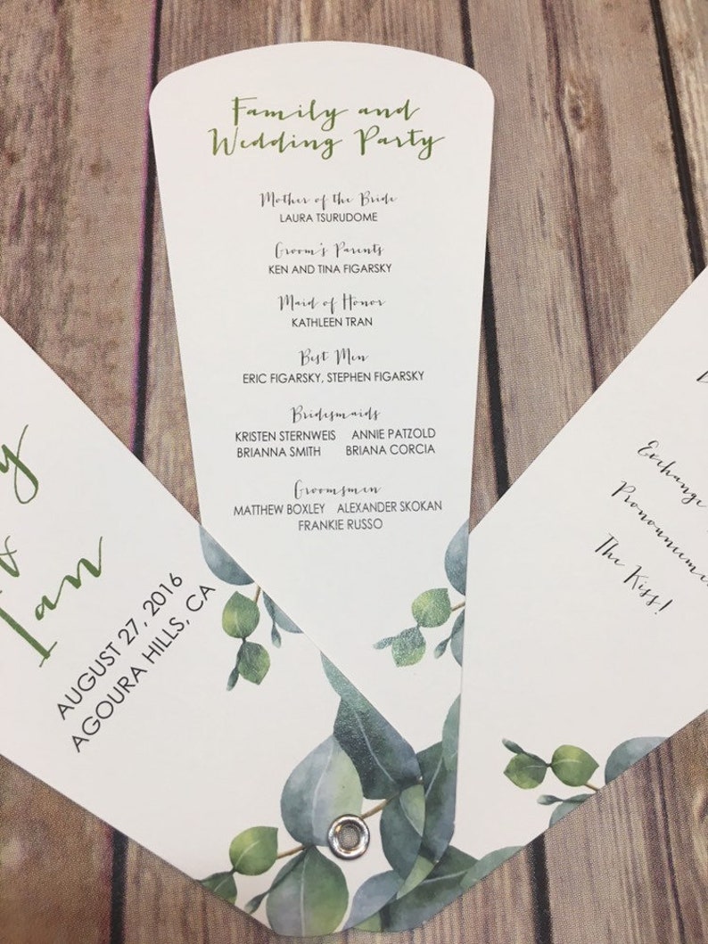 Minimalist Eucalyptus Petal Fan Programs, Custom Program Fans, Greenery Wedding Itinerary, Elegant Wedding Program image 3