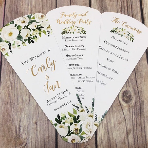 White Floral Wedding Program Fans, Watercolor Petal Fan Programs, Classic Style Wedding, Custom Ceremony Program