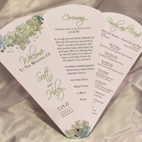 Succulent Wedding Program Fans, Custom Ceremony Itinerary, Outdoor Wedding Fan Programs, Botanical Wedding Decor