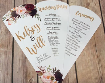 Hochzeitsfächer in Weinfarbe, Boho-Zeremoniekarten, rustikaler Hochzeitsstil im Freien