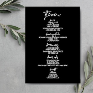 Drukowane minimalistyczne karty menu, karty papeterii ślubnej, karty menu na specjalne okazje, czarno-białe menu, przyjęcie weselne