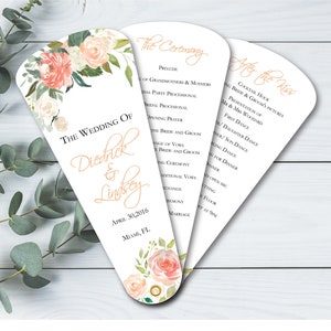 Peach Floral Petal Fan Wedding Program Petal Fans, Summer Outdoor Wedding Ceremony Itinerary, Garden Reception Hand Fans