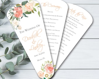 Peach Floral Petal Fan Wedding Program Petal Fans, Summer Outdoor Wedding Ceremony Itinerary, Garden Reception Hand Fans