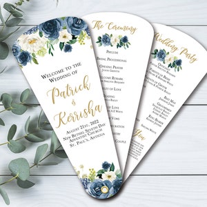 Wedding Ceremony Program, Navy Wedding, Wedding Timeline, Fan Programs, Navy Blue Flowers, Wedding Program Fans, Outdoor Wedding