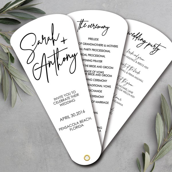 Minimalist Wedding Program Fans, Wedding Itinerary Petal Fan Programs, Simplistic Wedding Program, Modern Wedding, Black Tie Wedding