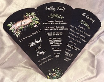 Wedding Program Fans, Petal Fan Programs, Fan Programs - Chalkboard Floral Leaves